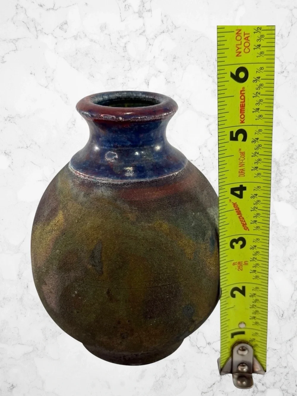 Vintage Raku Art Pottery Bud Table Vase Floral Green Gold Blue Artisan Signed